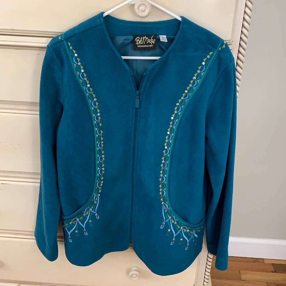 Bob Mackie Wearable Art Size Medium Fleece Jacket Teal